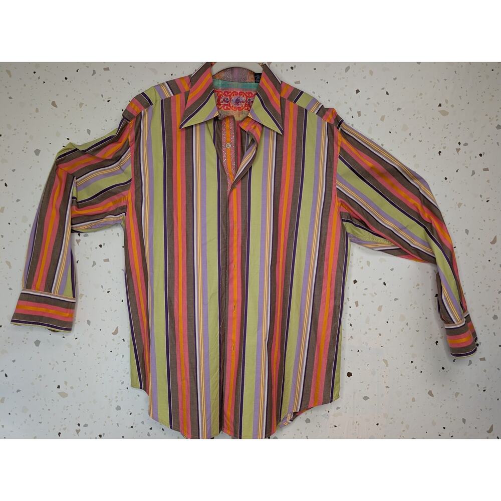 Robert Graham Striped Button Down Shirt XL Cotton Flip Floral Cuffs *Pen Mark - Picture 3 of 8